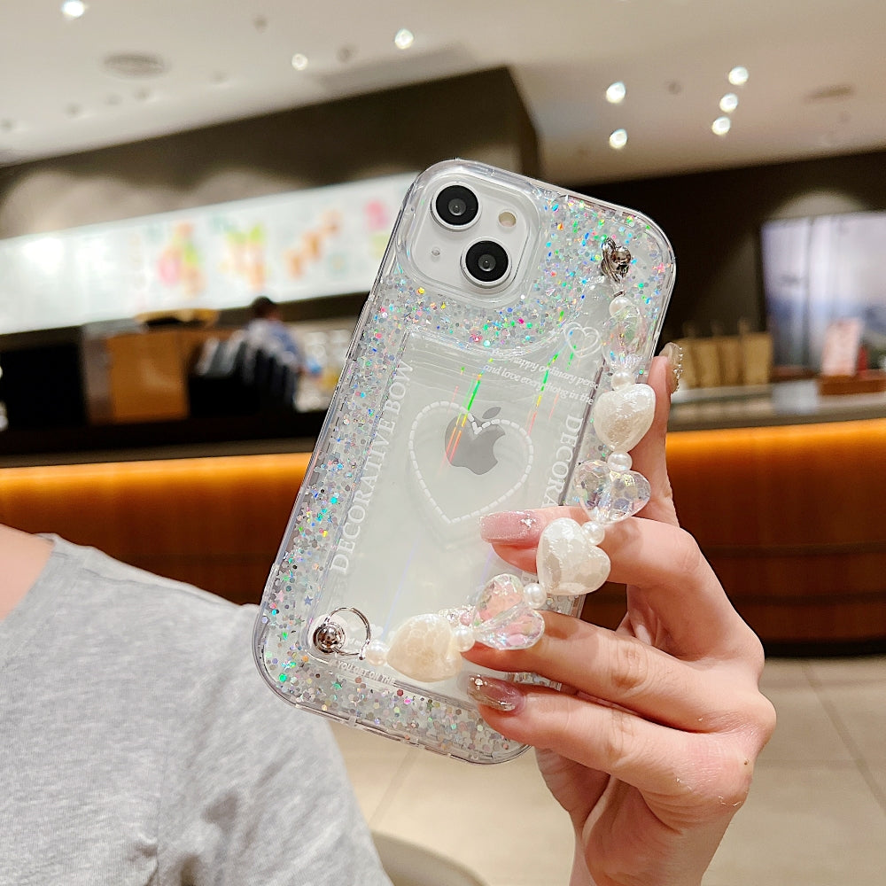 Glittery Printed Clear TPU Phone Case with Heart Chain Bracelet