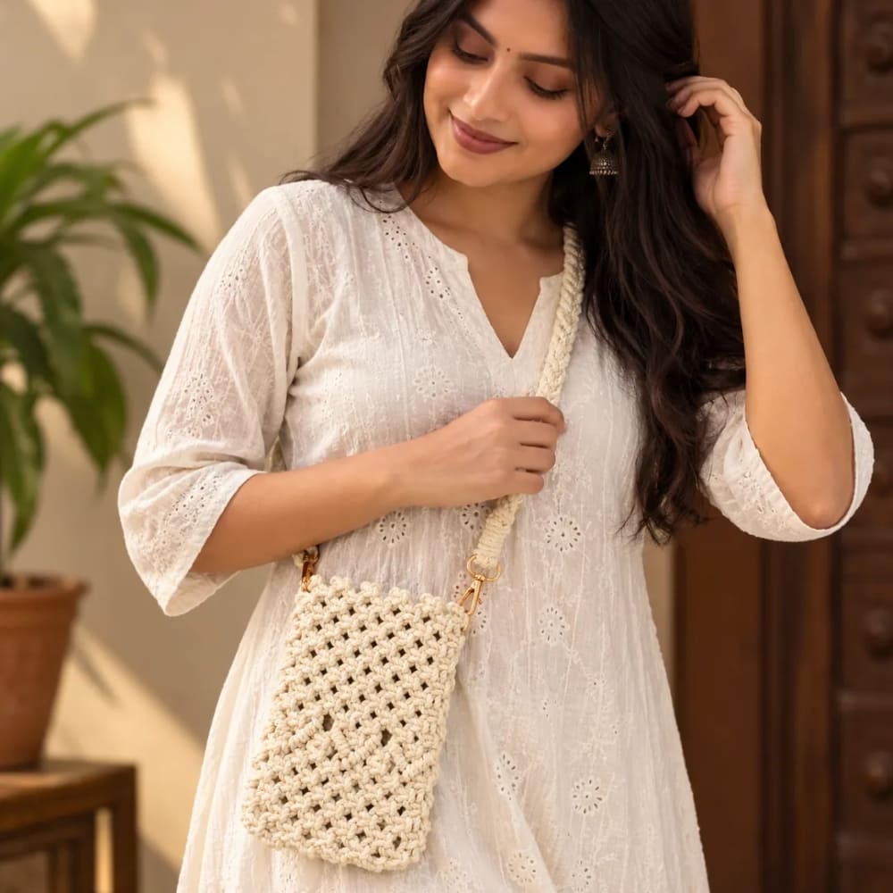 Handwoven Beige Crossbody Bag with Braided Strap
