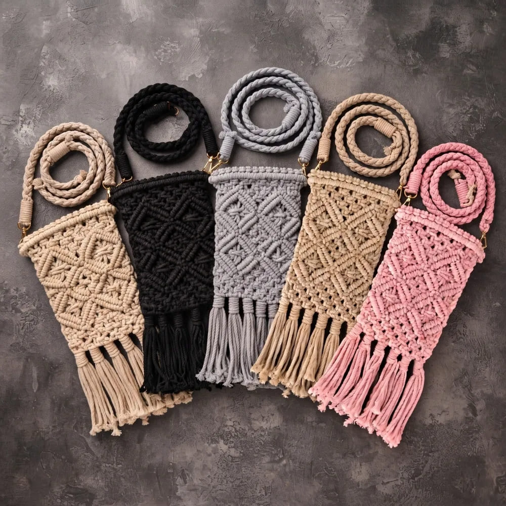 Handwoven Cream Crossbody Bag with Diamond Pattern & Fringe Tassels