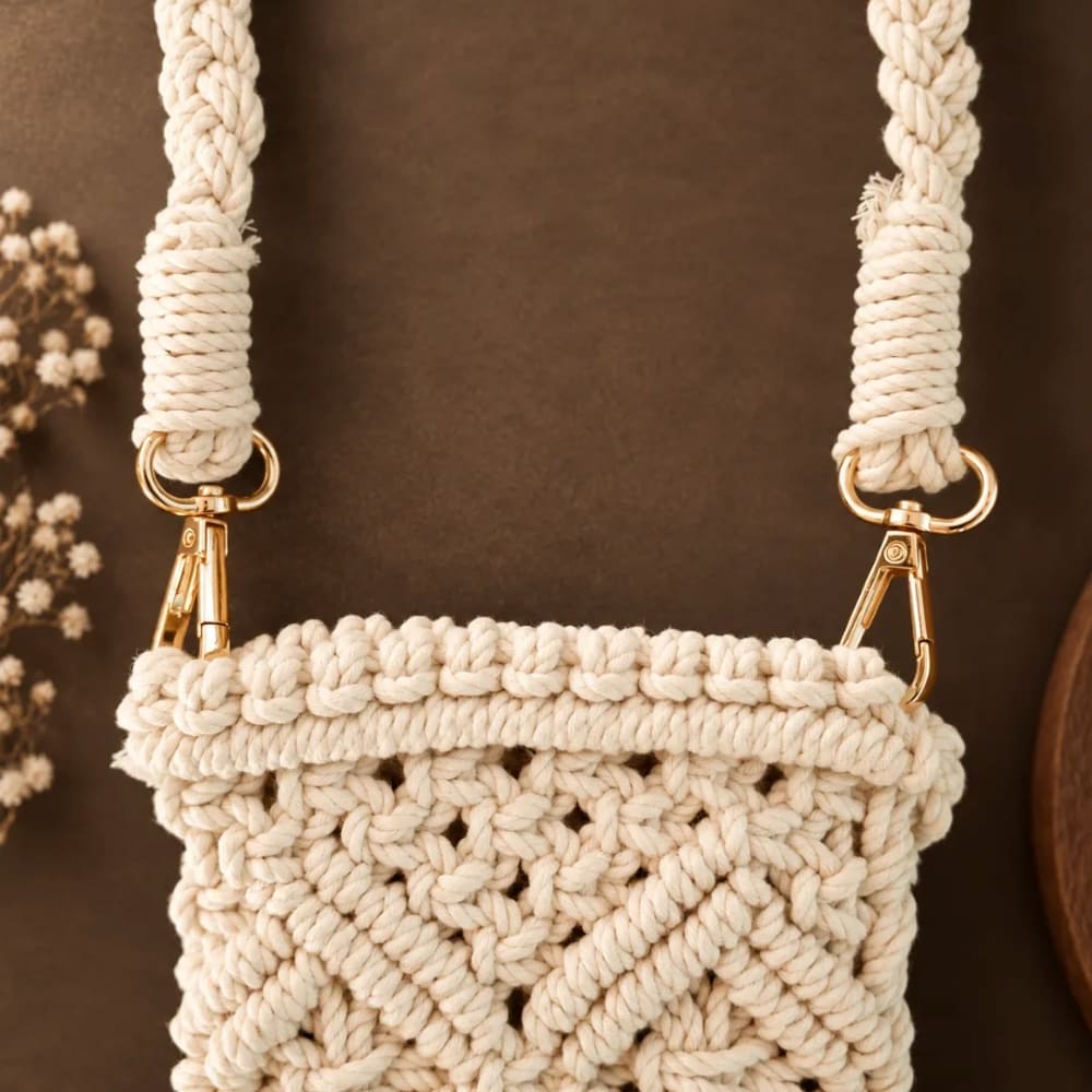Handwoven Cream Crossbody Bag with Diamond Pattern & Fringe Tassels