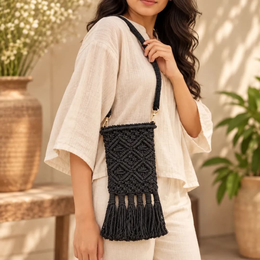 Handwoven Cream Crossbody Bag with Diamond Pattern & Fringe Tassels