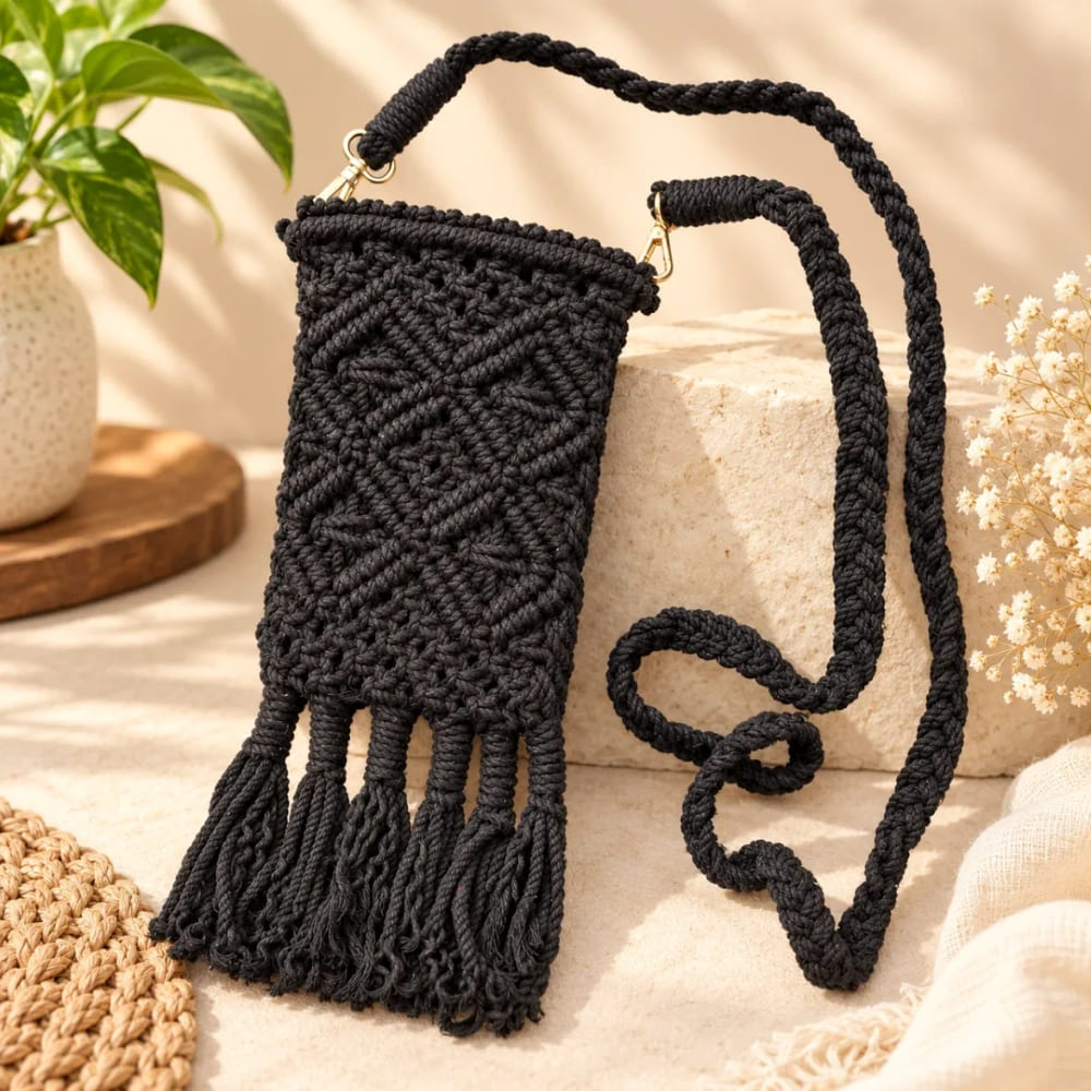 Handwoven Cream Crossbody Bag with Diamond Pattern & Fringe Tassels