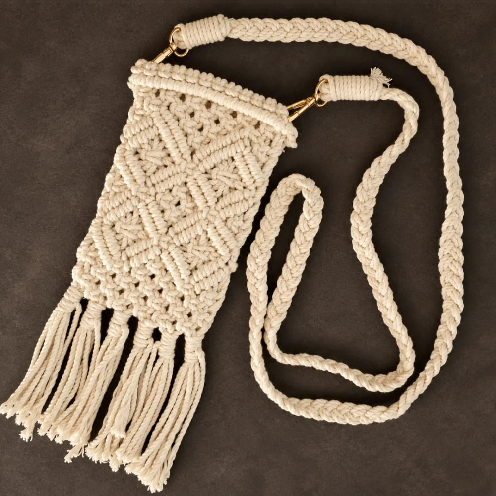 Handwoven Cream Crossbody Bag with Diamond Pattern & Fringe Tassels
