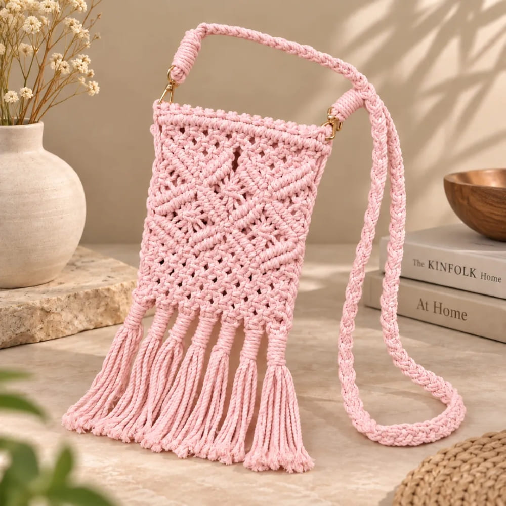 Handwoven Diamond Pattern Crossbody Bag with Fringe Tassels