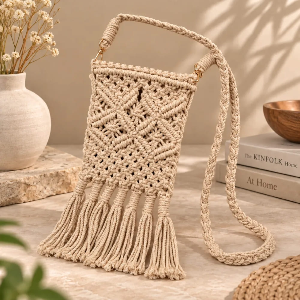 Handwoven Diamond Pattern Crossbody Bag with Fringe Tassels