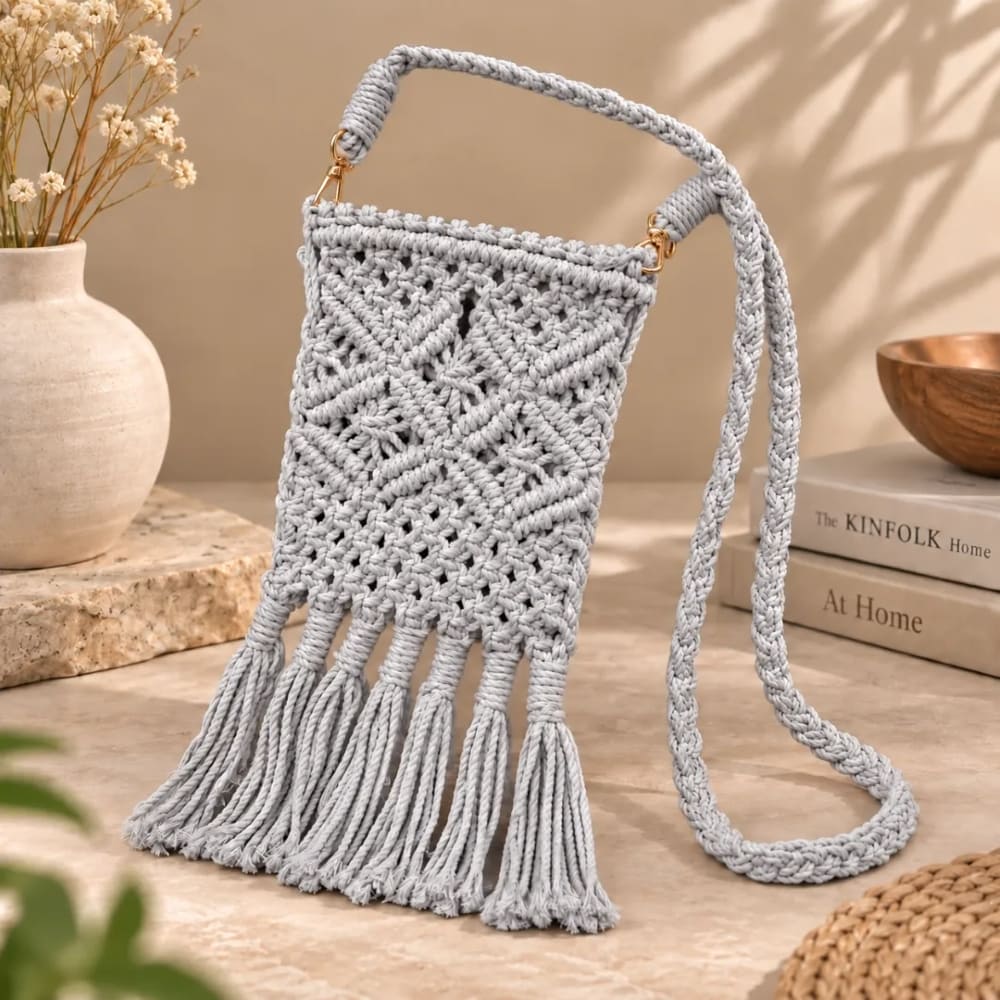Handwoven Diamond Pattern Crossbody Bag with Fringe Tassels