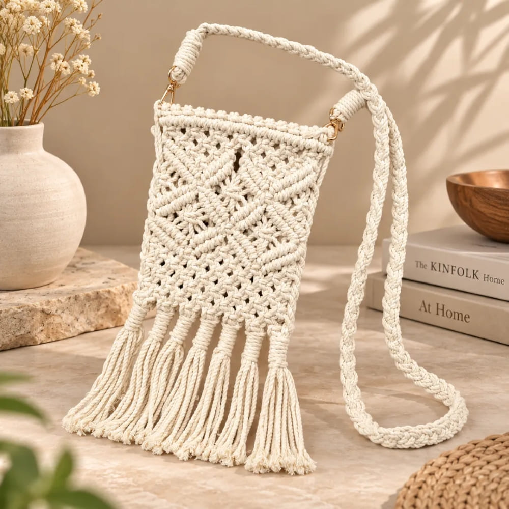 Handwoven Diamond Pattern Crossbody Bag with Fringe Tassels