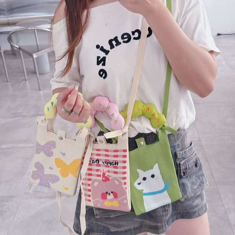 Olive Kitty Knit Cloud Handle Phone Bag