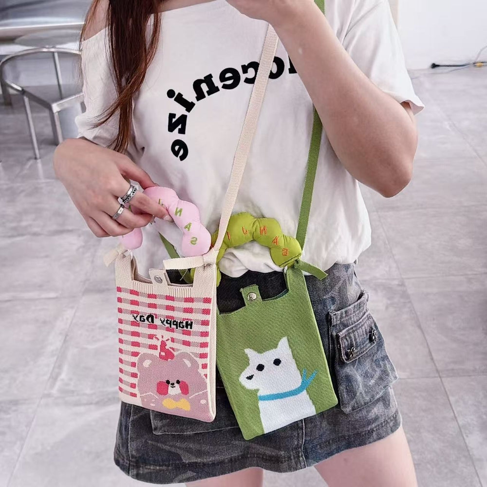 Olive Kitty Knit Cloud Handle Phone Bag