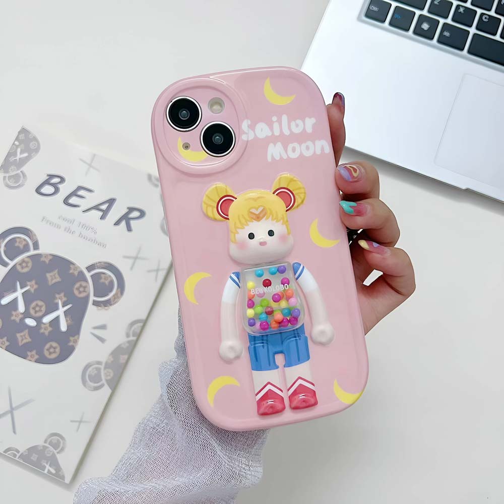 3D Machine Bear Soft Phone Case With Random Color Bracelet - iPhone 14