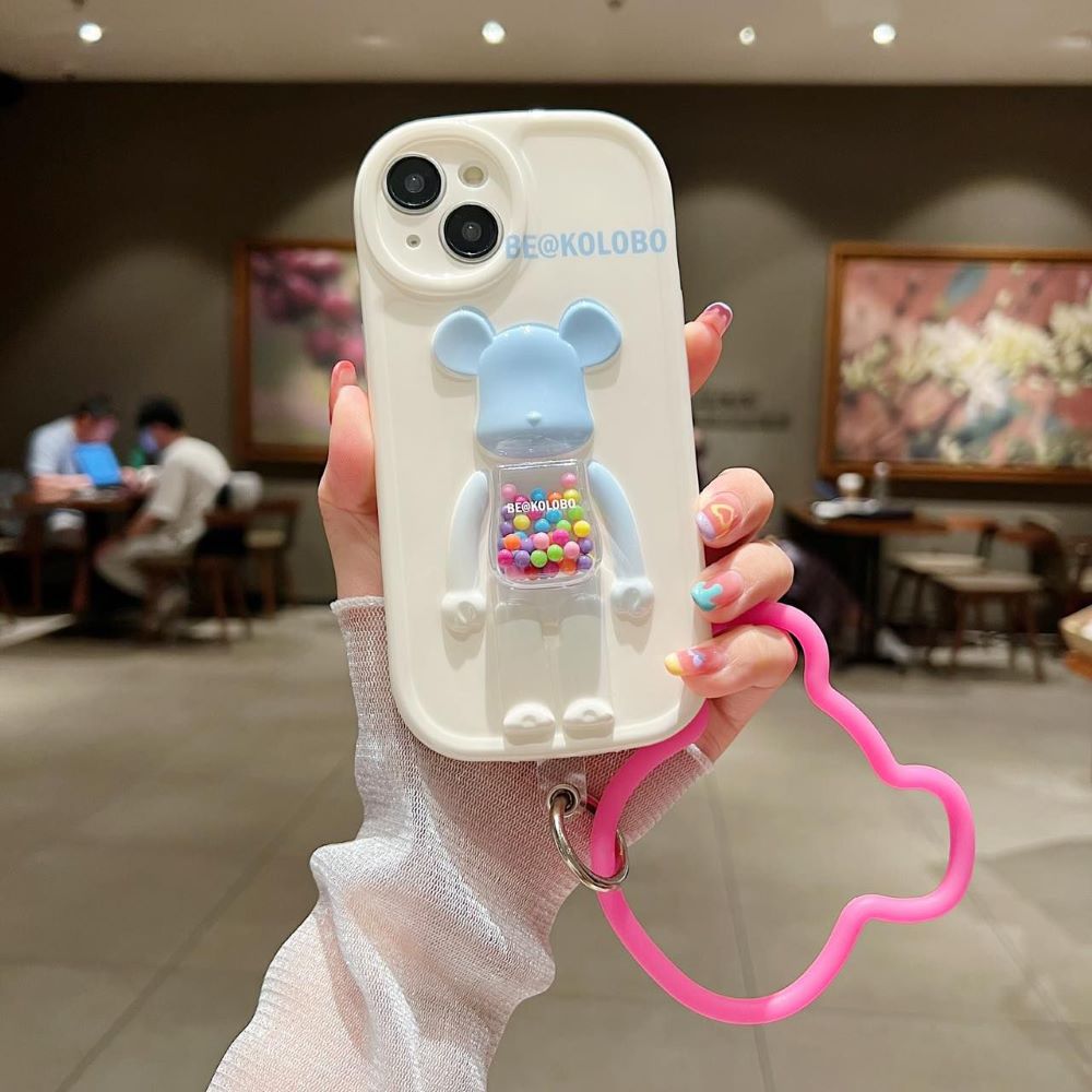 3D Machine Bear Soft Phone Case With Random Color Bracelet - iPhone 14