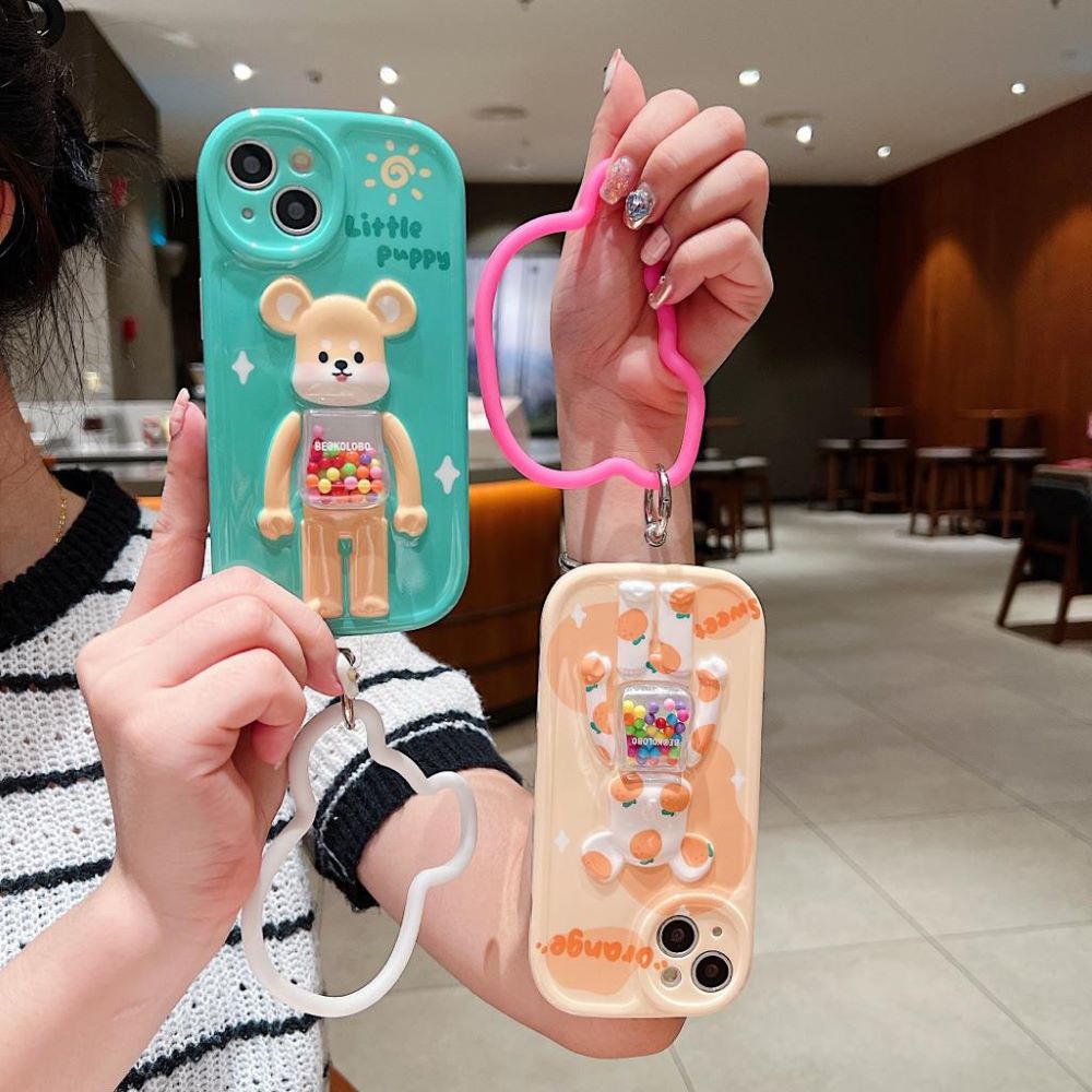 3D Machine Bear Soft Phone Case With Random Color Bracelet - iPhone 14