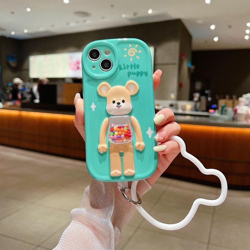 3D Machine Bear Soft Phone Case With Random Color Bracelet - iPhone 14