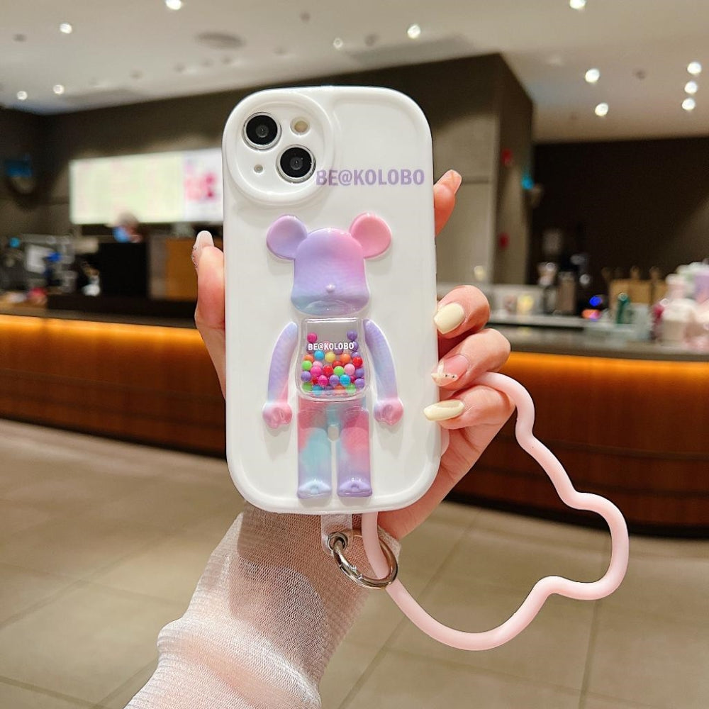 3D Machine Bear Soft Phone Case With Random Color Bracelet - iPhone 14