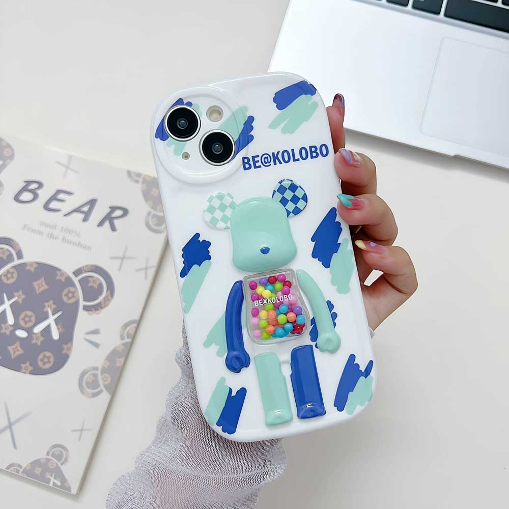 3D Machine Bear Soft Phone Case With Random Color Bracelet - iPhone 14