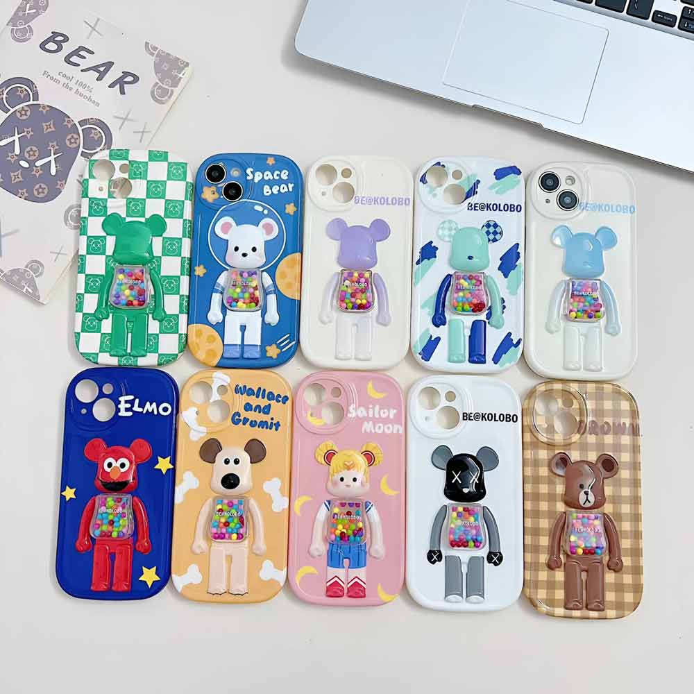 3D Machine Bear Soft Phone Case With Random Color Bracelet - iPhone 14