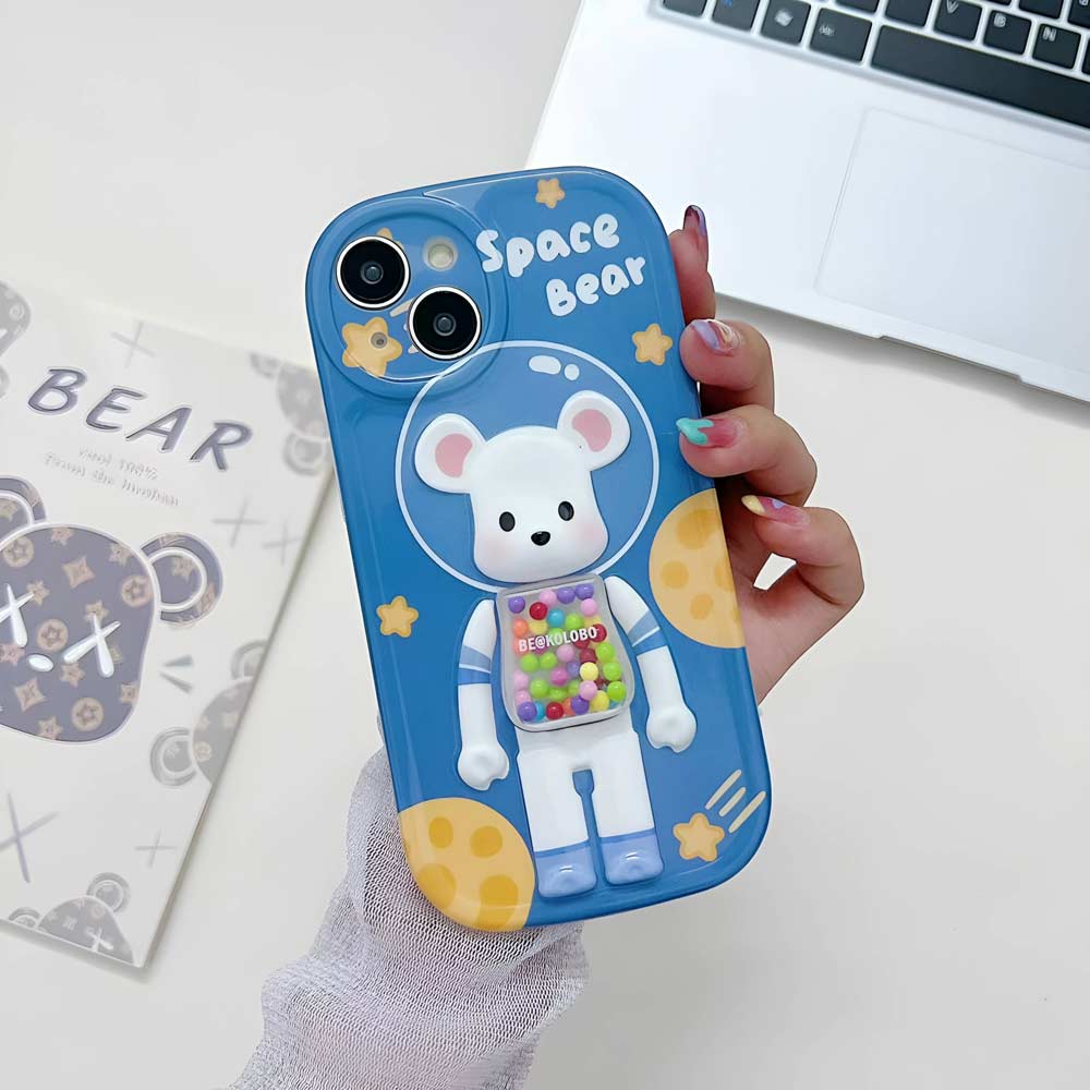 3D Machine Bear Soft Phone Case With Random Color Bracelet - iPhone 14