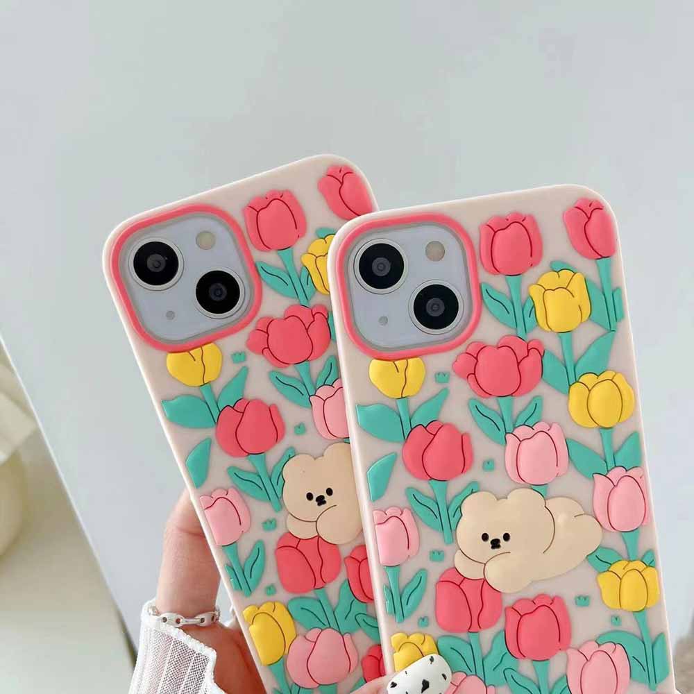 3D Tulip Flower Silicone Shockproof Cover - iPhone 13 Pro