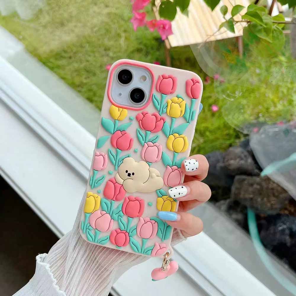 3D Tulip Flower Silicone Shockproof Cover - iPhone 13 Pro