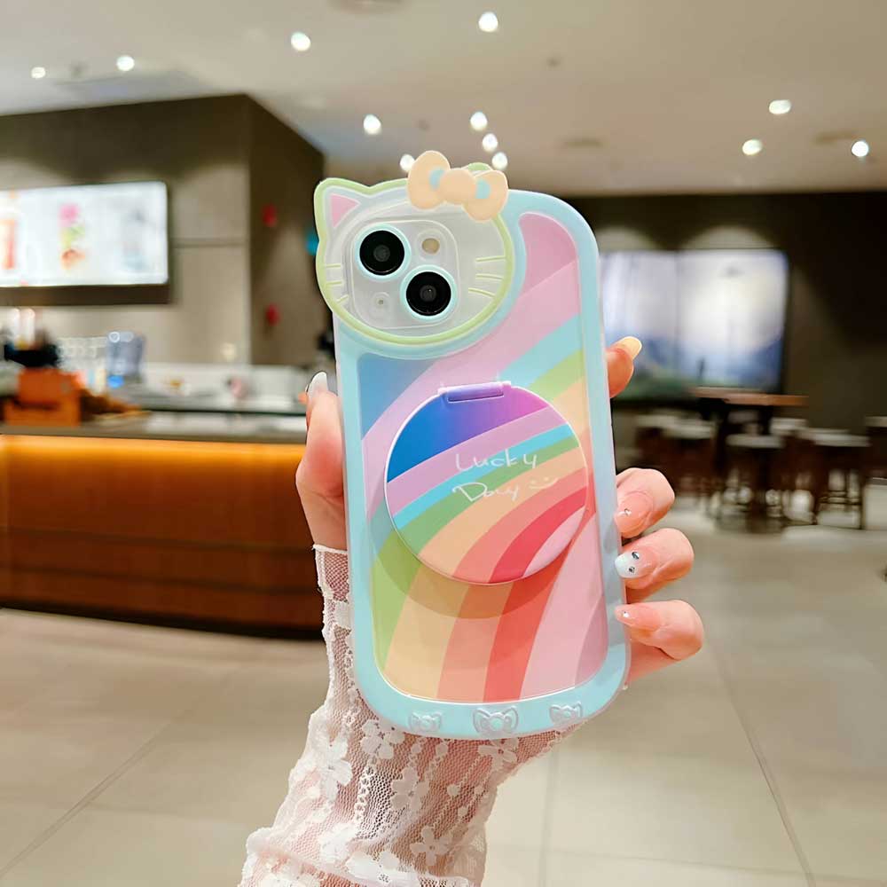 Cartoon Cat Printed TPU Camera Protection Cover with Mirror Stand - iPhone 14