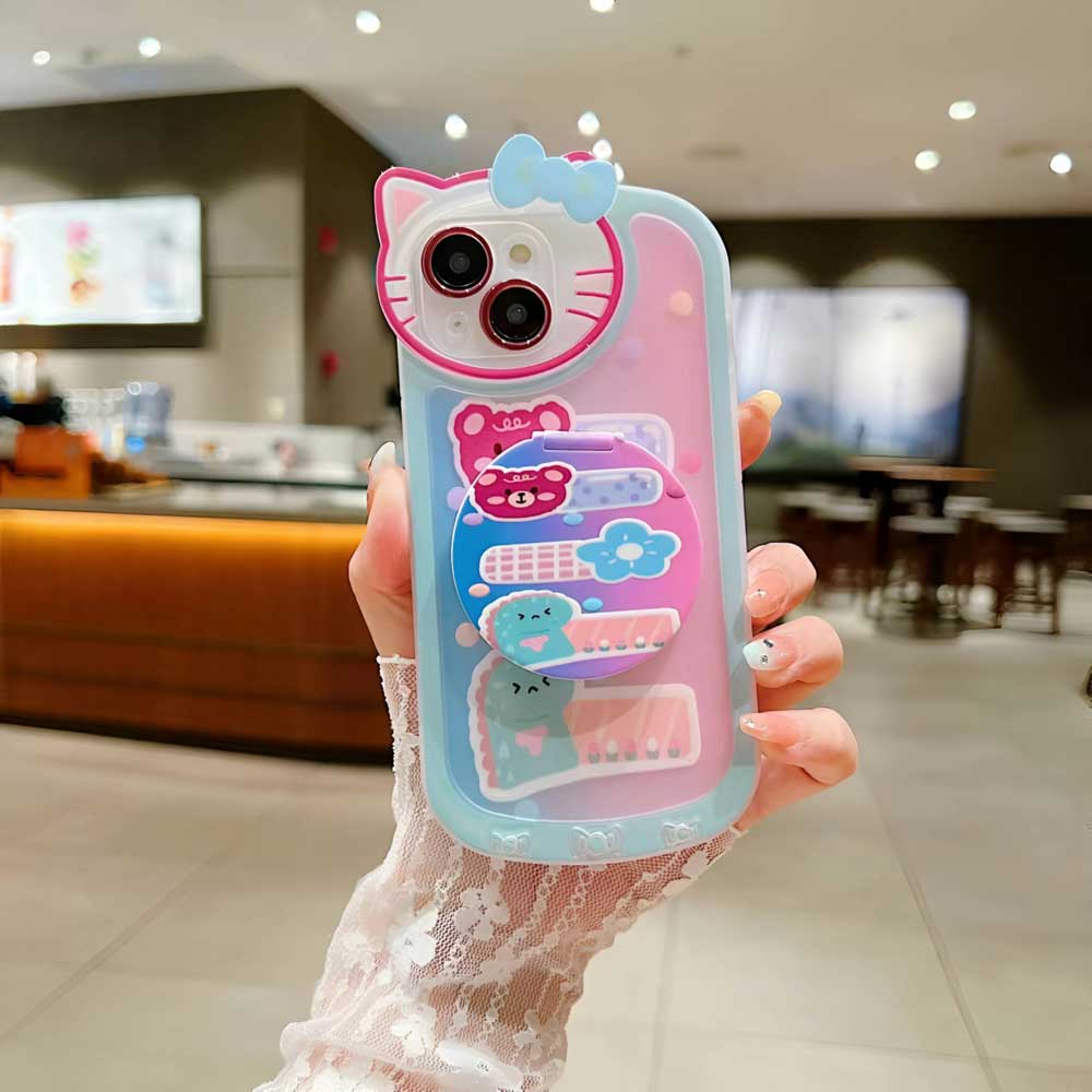 Cartoon Cat Printed TPU Camera Protection Cover with Mirror Stand - iPhone 13 Pro Max