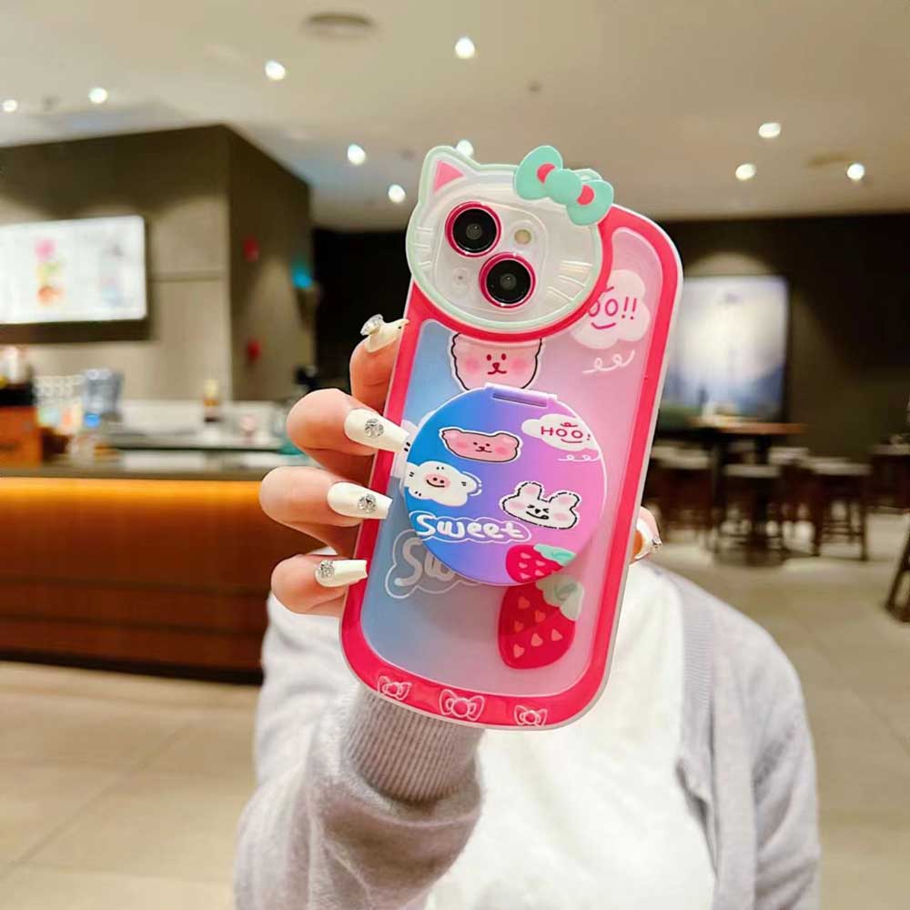 Cartoon Cat Printed TPU Camera Protection Cover with Mirror Stand - iPhone 13 Pro Max