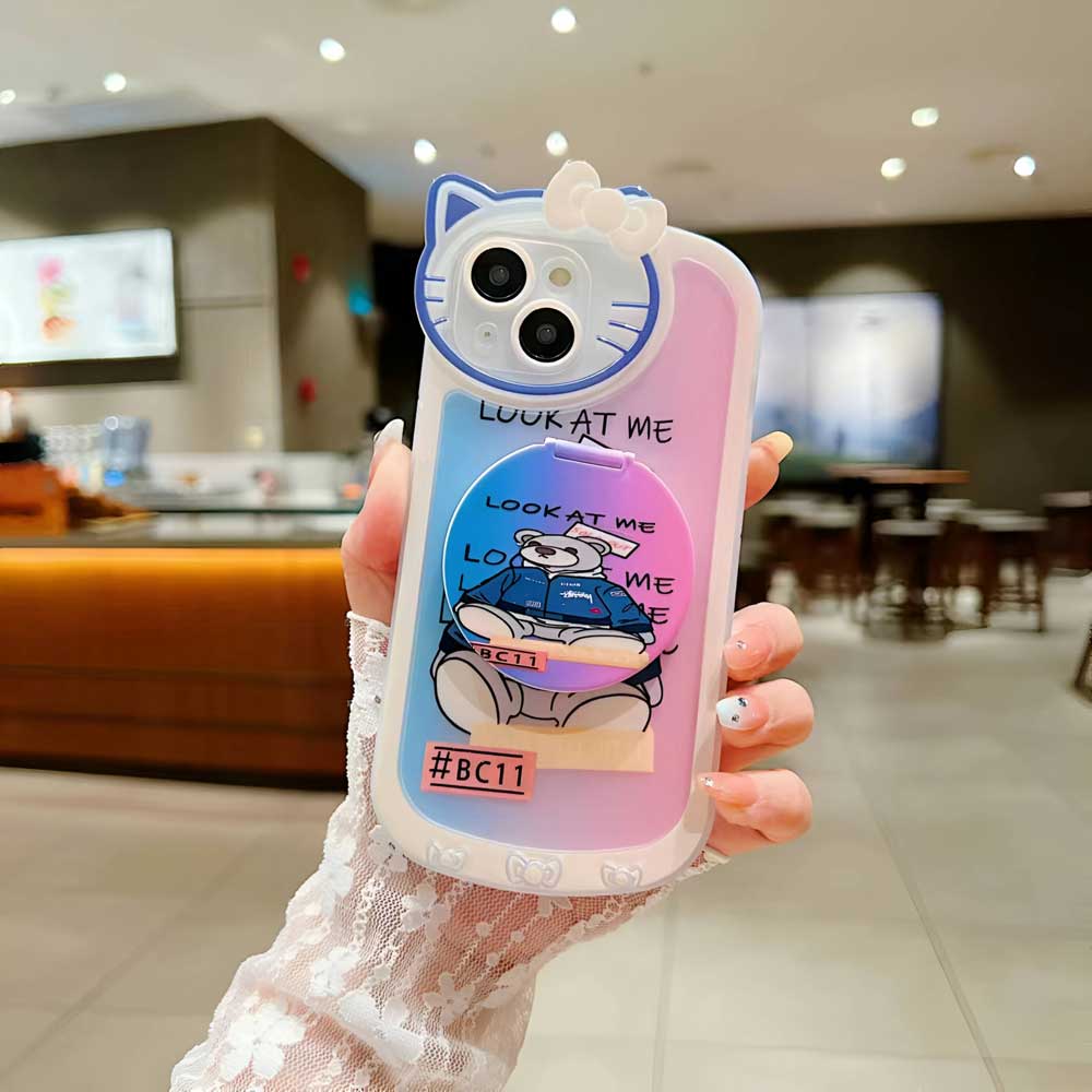 Cartoon Cat Printed TPU Camera Protection Cover with Mirror Stand - iPhone 13 Pro Max