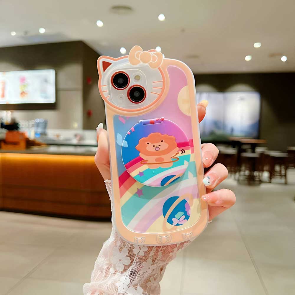 Cartoon Cat Printed TPU Camera Protection Cover with Mirror Stand - iPhone 14