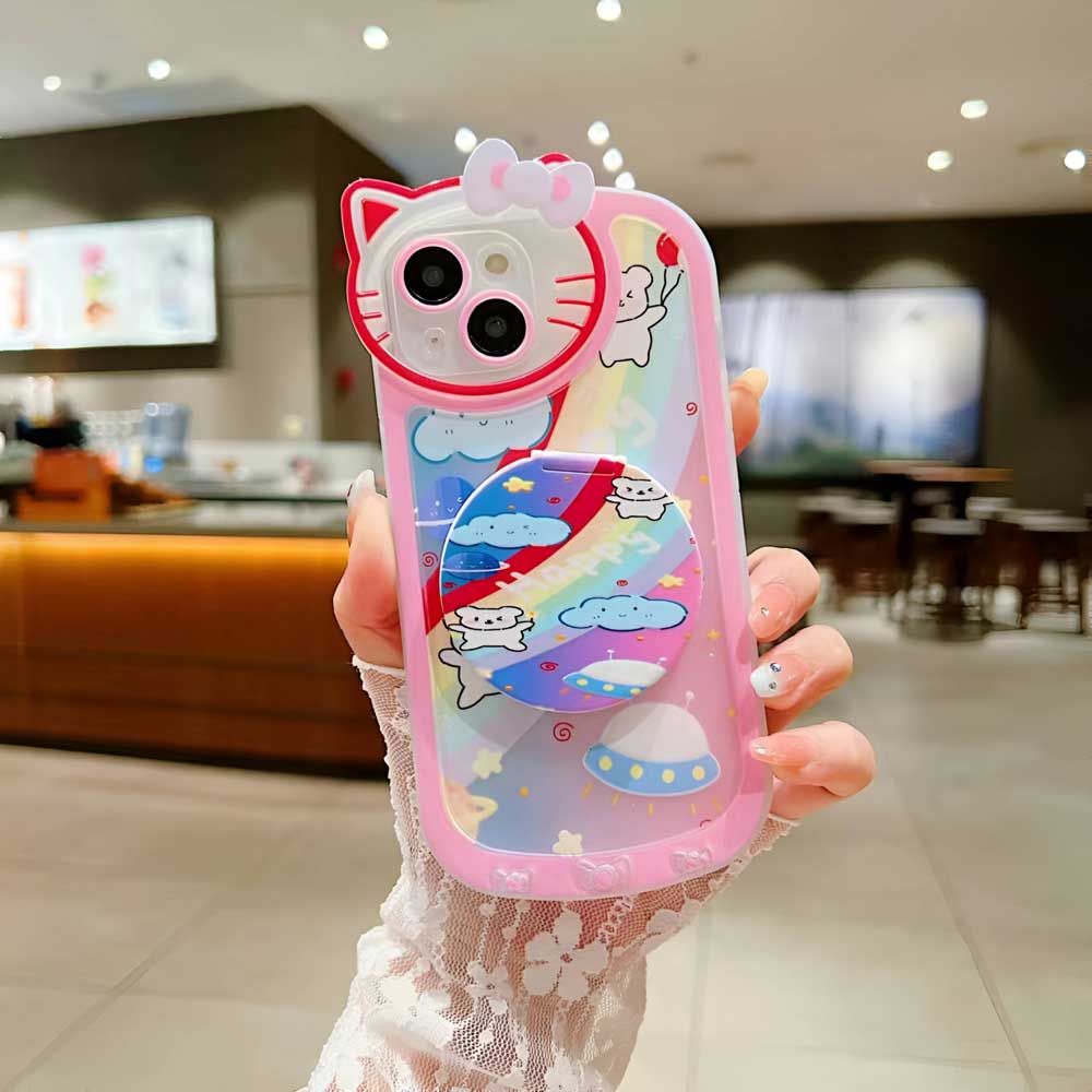 Cartoon Cat Printed TPU Camera Protection Cover with Mirror Stand - iPhone 13 Pro Max