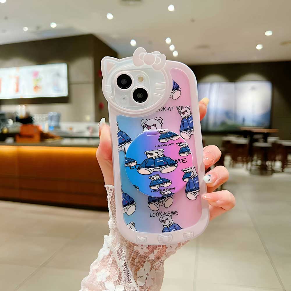 Cartoon Cat Printed TPU Camera Protection Cover with Mirror Stand - iPhone 12 Pro Max