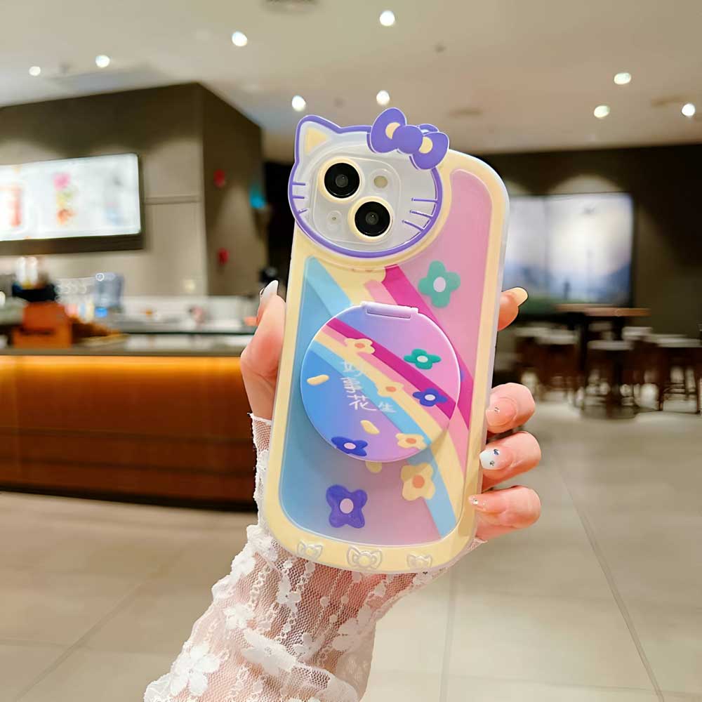 Cartoon Cat Printed TPU Camera Protection Cover with Mirror Stand - iPhone 13 Pro Max