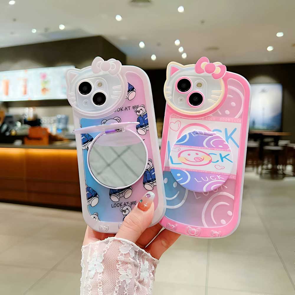 Cartoon Cat Printed TPU Camera Protection Cover with Mirror Stand - iPhone 13 Pro Max