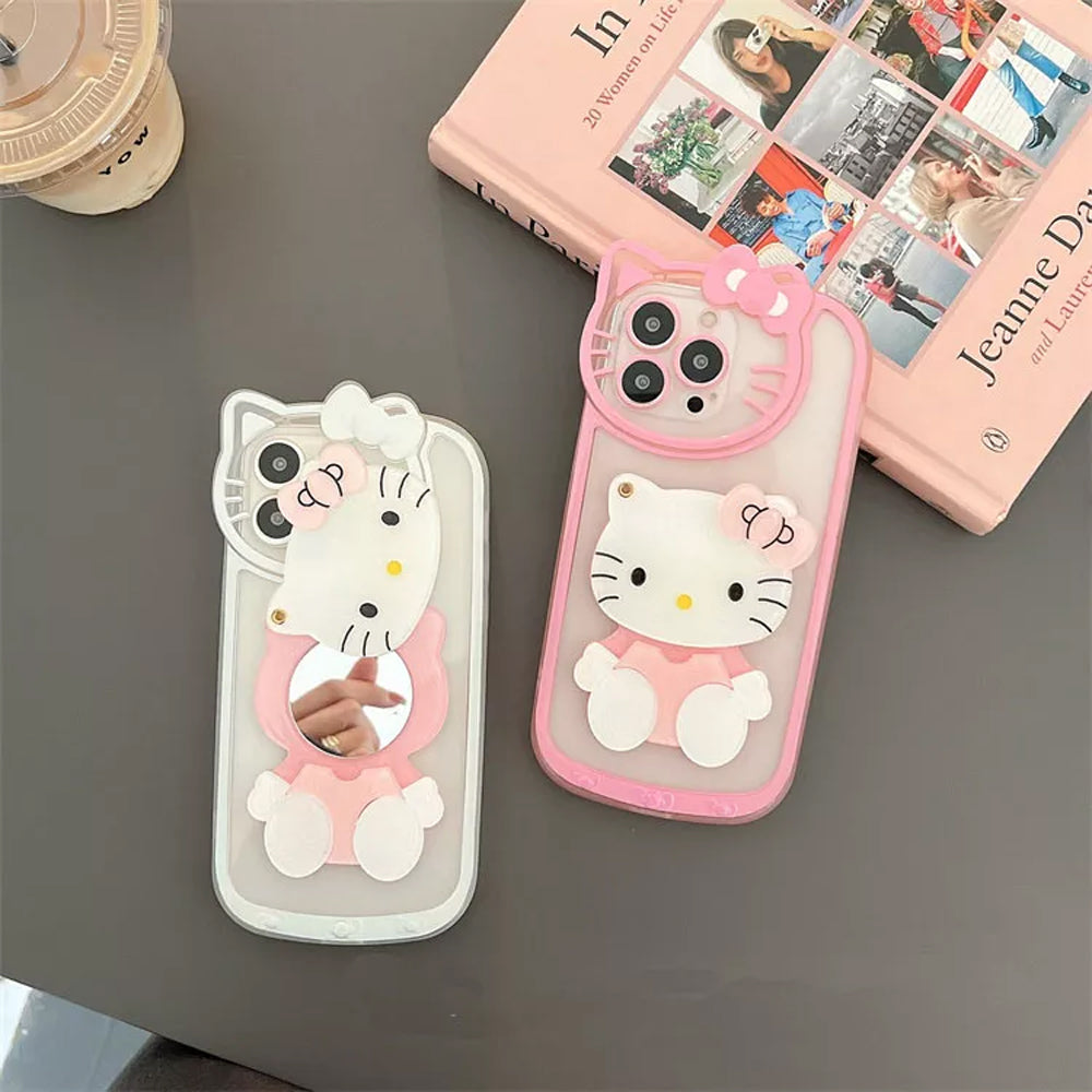 Cute Cat Shockproof Silicone Cover With Mirror - iPhone 14 Pro Max