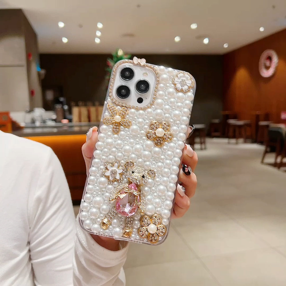 Handmade Decorative Pearl and Diamond Bear Phone Case - iPhone 14