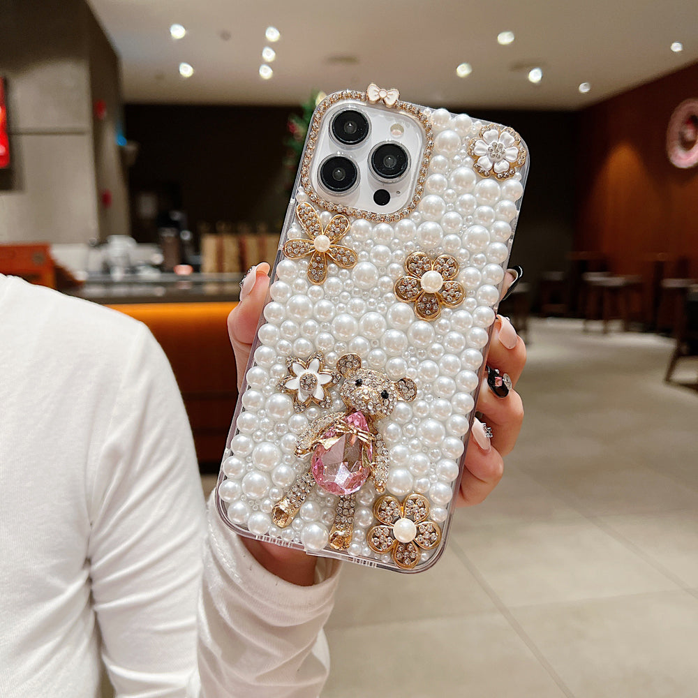 Handmade Decorative Pearl and Diamond Bear Phone Case - iPhone 14