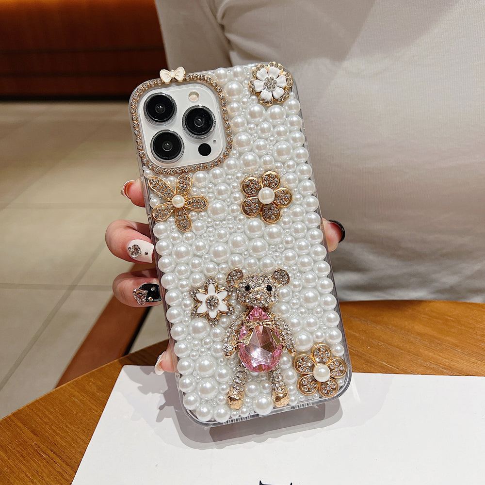 Handmade Decorative Pearl and Diamond Bear Phone Case - iPhone 13 Pro Max
