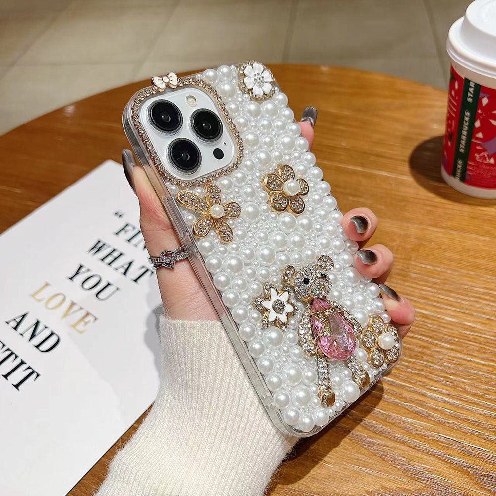 Handmade Decorative Pearl and Diamond Bear Phone Case - iPhone 14