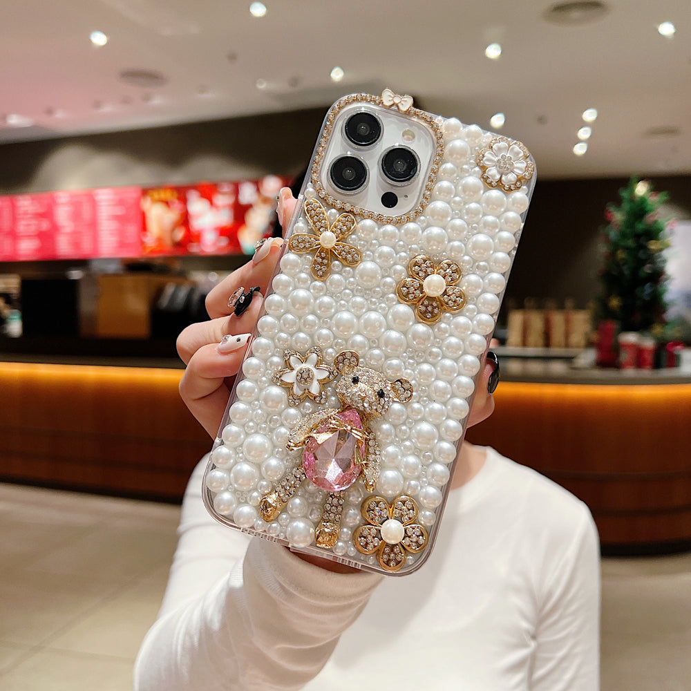 Handmade Decorative Pearl and Diamond Bear Phone Case - iPhone 14