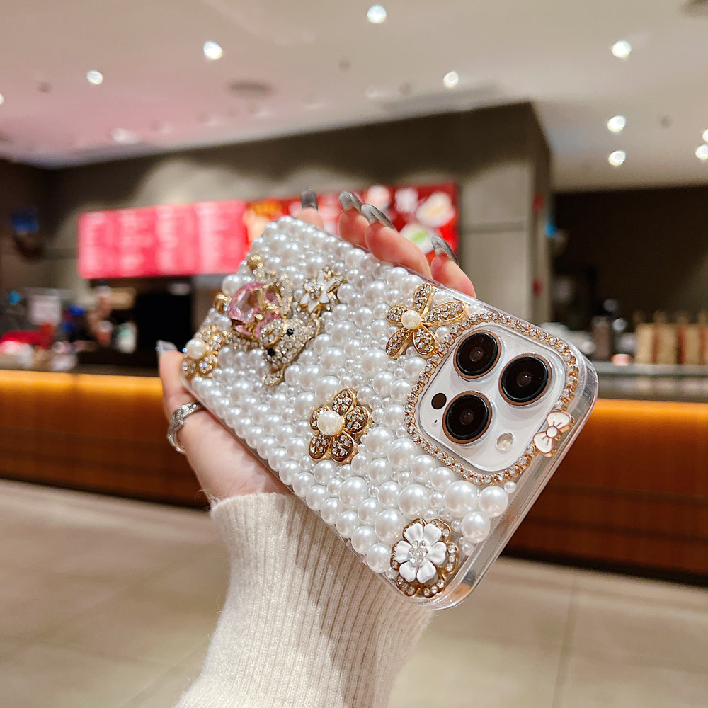 Handmade Decorative Pearl and Diamond Bear Phone Case - iPhone 14