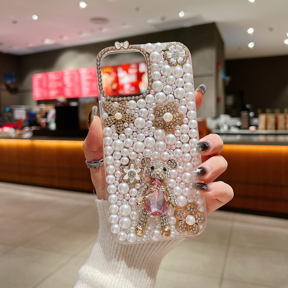 Handmade Decorative Pearl and Diamond Bear Phone Case - iPhone 14