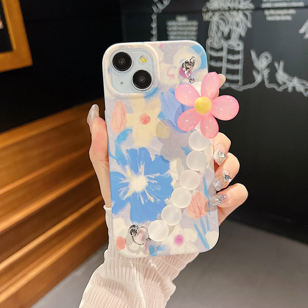 Flower Print Design Wrist Hand Strap TPU Soft Case - iPhone 14