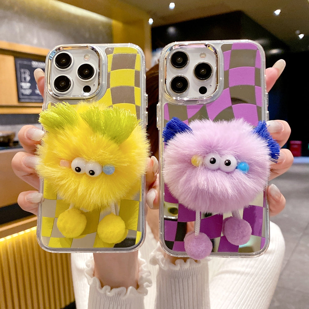 Graphic Mirror Fluffy Pom Pom Ball Stand TPU (Soft) Phone Case - iPhone 13 Pro Max