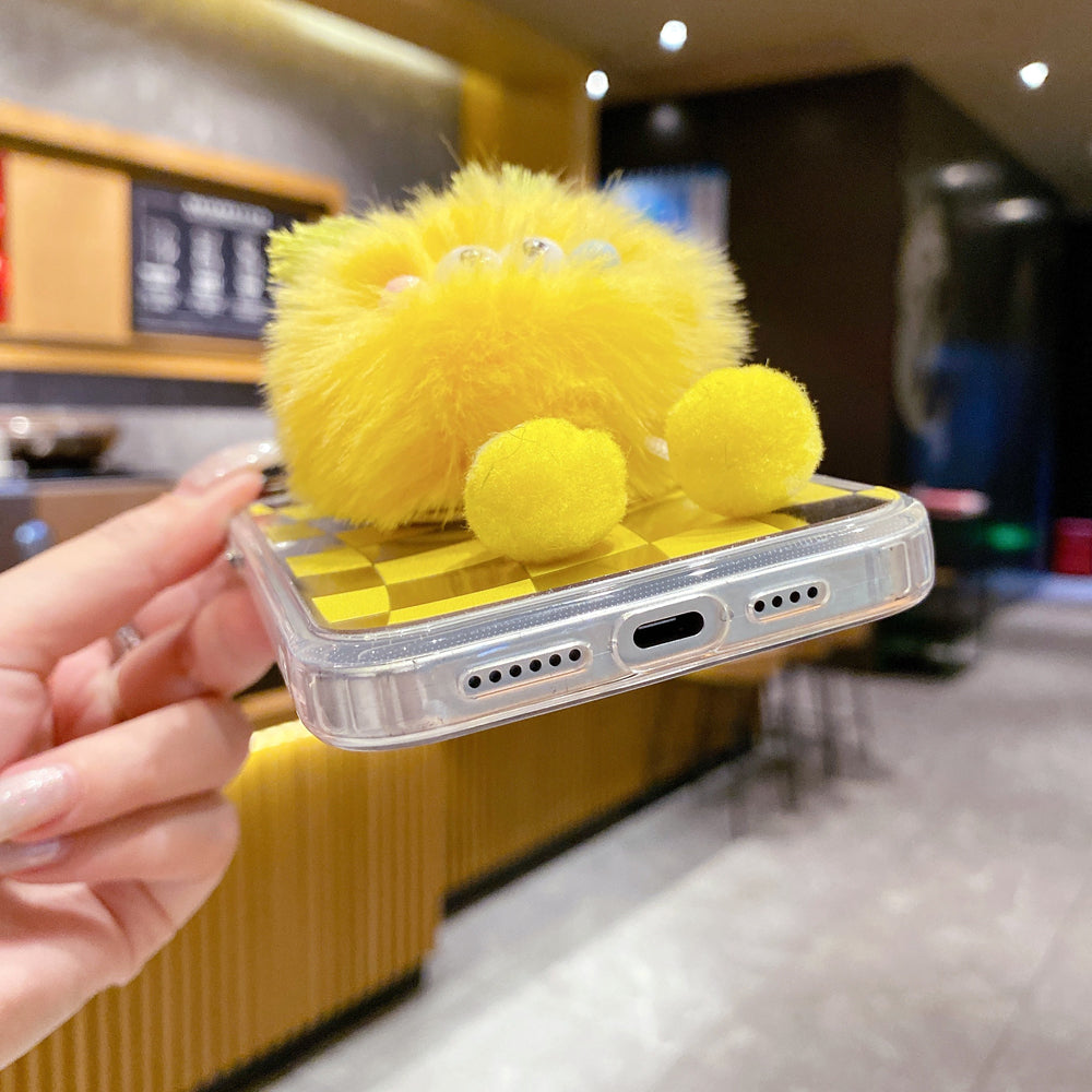 Graphic Mirror Fluffy Pom Pom Ball Stand TPU (Soft) Phone Case - iPhone 14 Pro Max