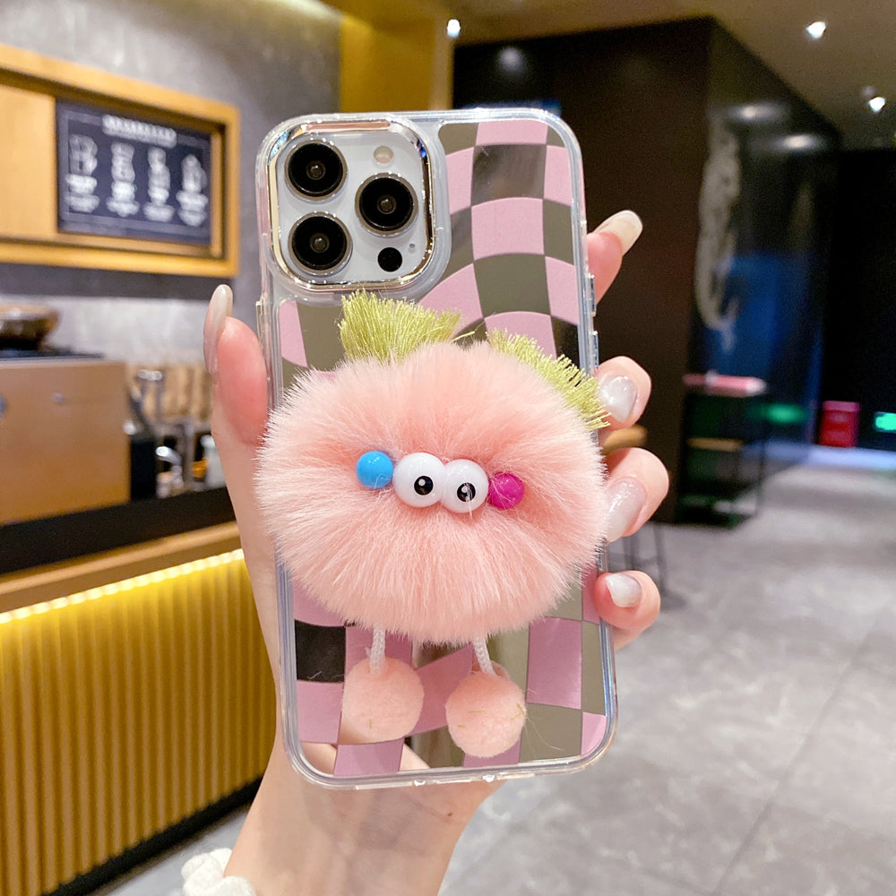 Graphic Mirror Fluffy Pom Pom Ball Stand TPU (Soft) Phone Case - iPhone 12 Pro Max