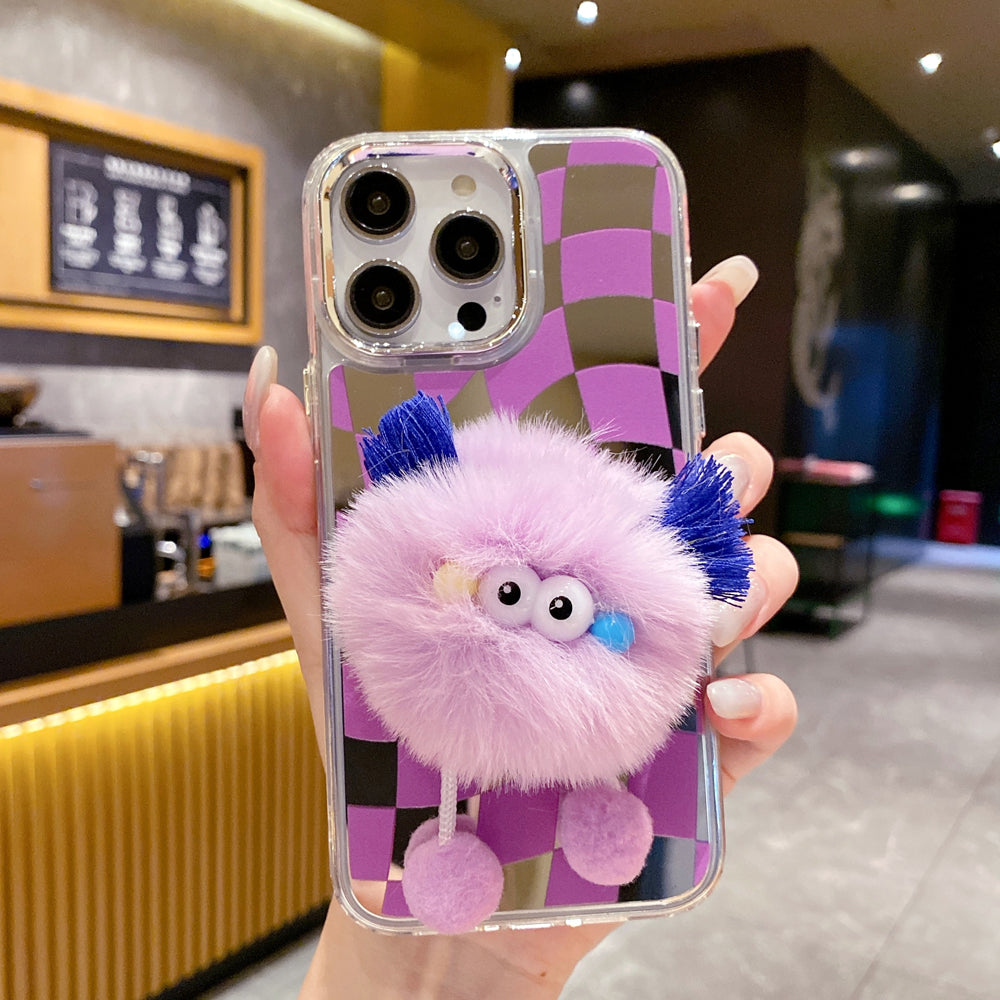 Graphic Mirror Fluffy Pom Pom Ball Stand TPU (Soft) Phone Case - iPhone 15