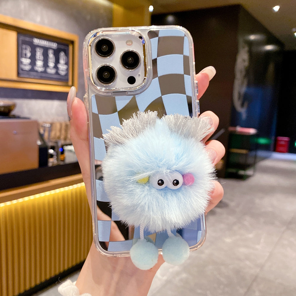 Graphic Mirror Fluffy Pom Pom Ball Stand TPU (Soft) Phone Case - iPhone 14 Pro Max