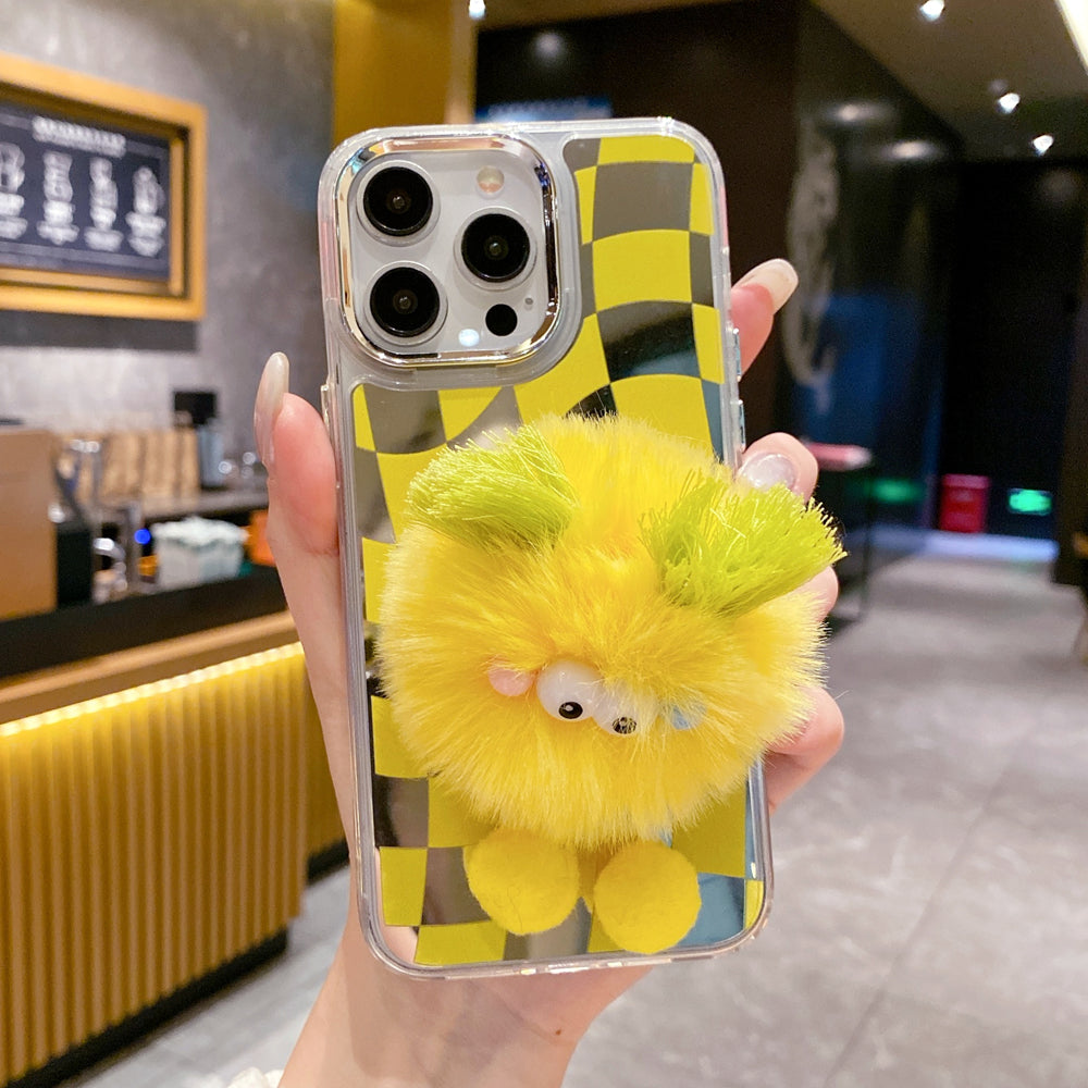 Graphic Mirror Fluffy Pom Pom Ball Stand TPU (Soft) Phone Case - iPhone 13 Pro Max