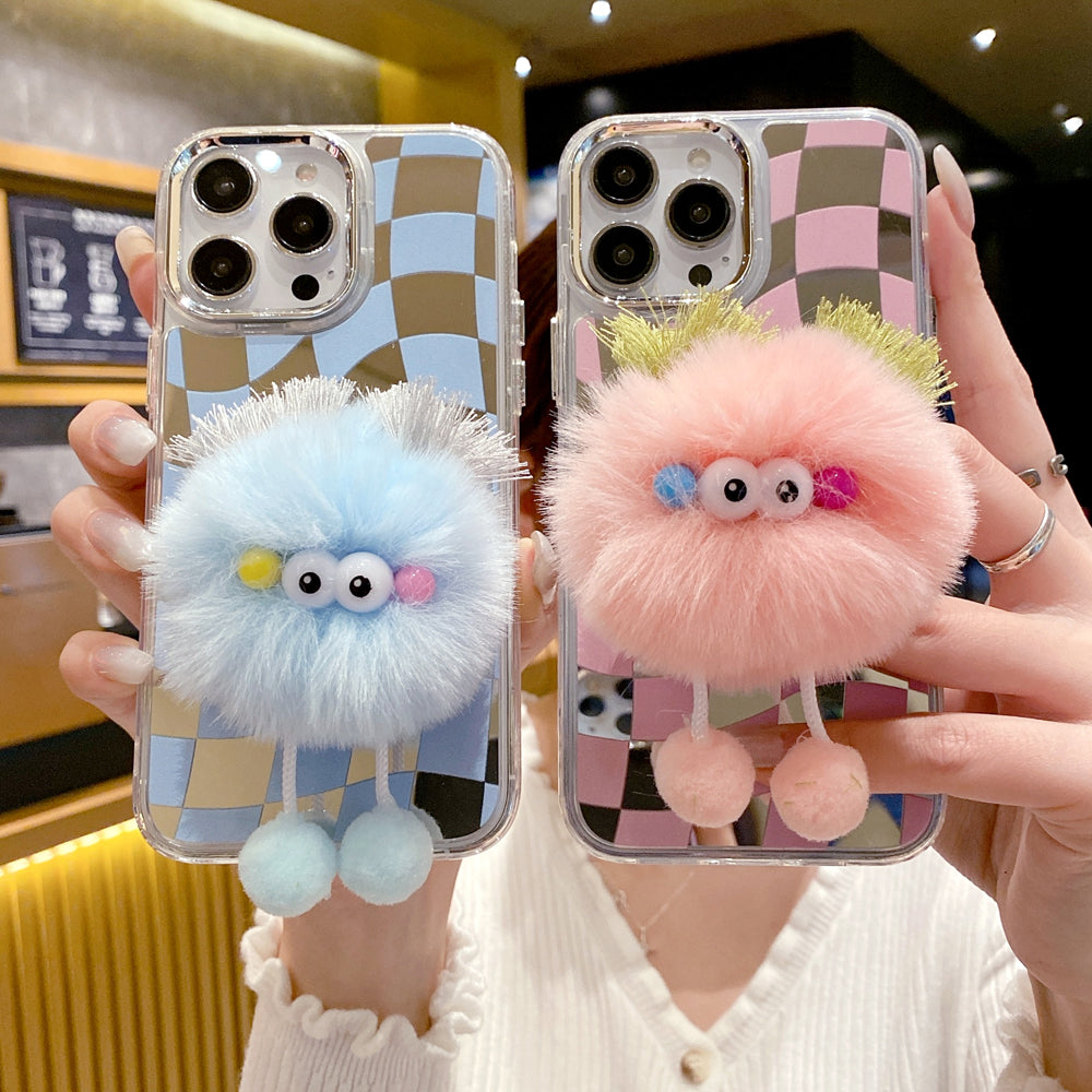 Graphic Mirror Fluffy Pom Pom Ball Stand TPU (Soft) Phone Case - iPhone 14