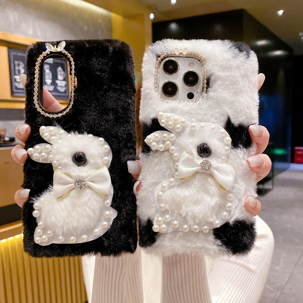 Fluffy Furry Pearl Anti-Fall Rabbit Pattern Case - Vivo T2X