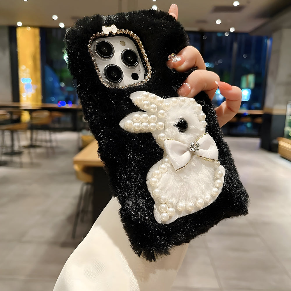 Fluffy Furry Pearl Anti-Fall Rabbit Pattern Case - Vivo V27